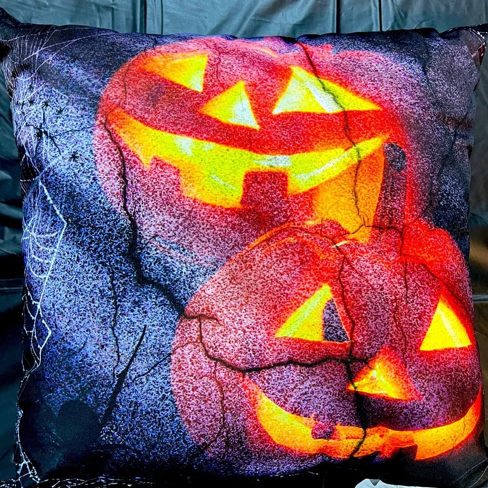 Four Halloween Pumpkin Throw Pillows 16x16 Holiday Pillows